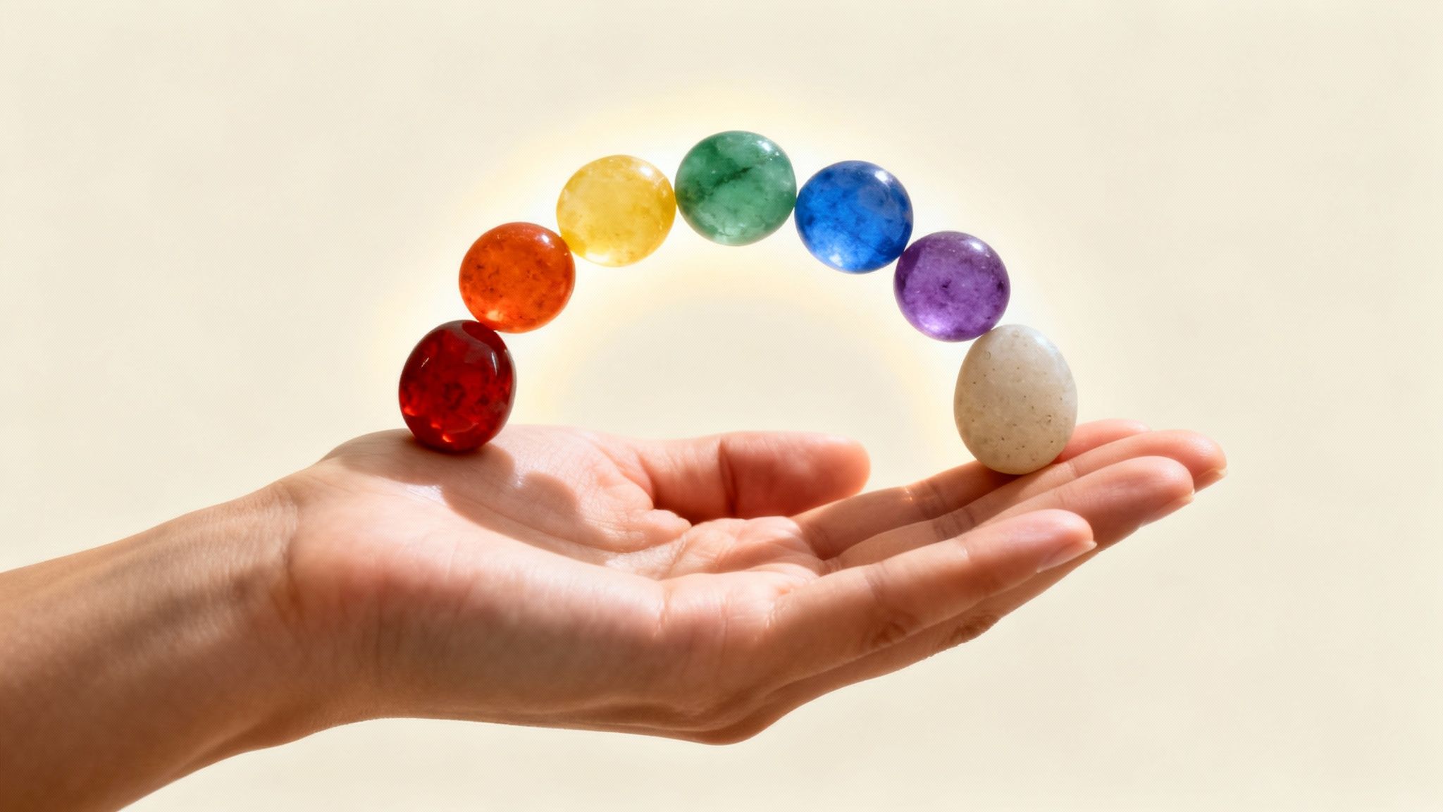 Cristaux colorés représentant les pierres des 7 chakras alignés sur une surface en bois.