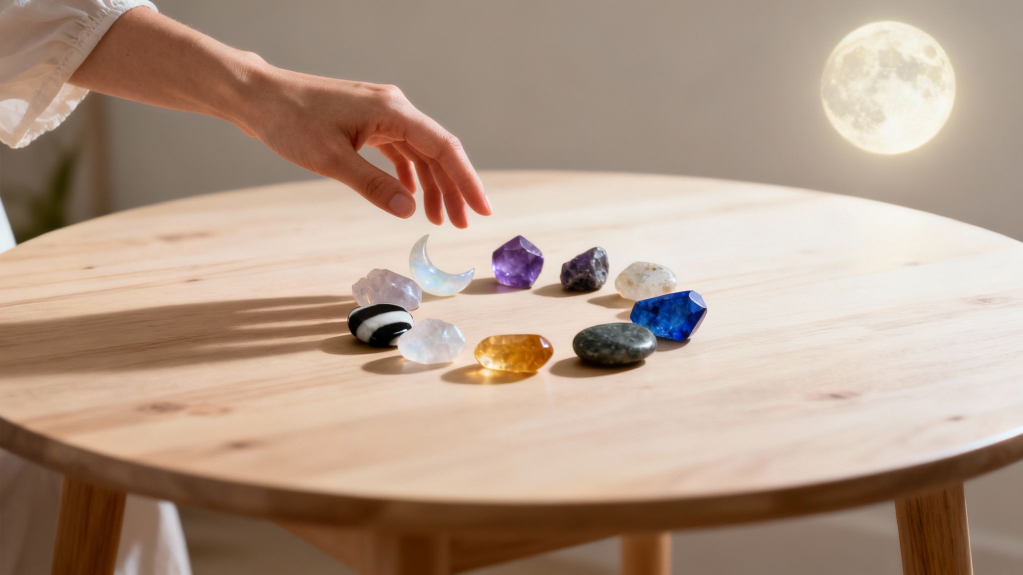 Main atteignant un cercle de cristaux et de pierres colorées disposées sur une table en bois, avec une pleine lune lumineuse en arrière-plan.