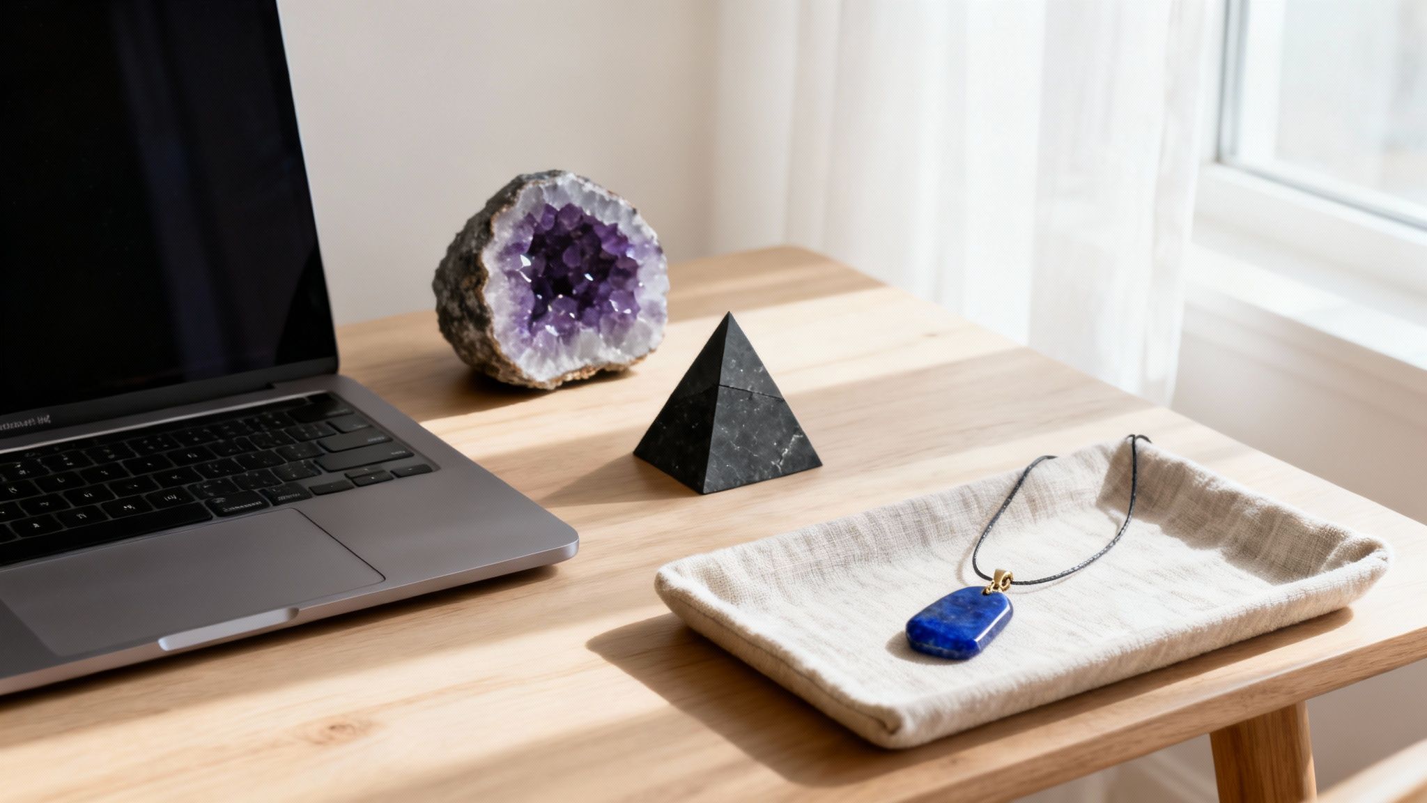 Un bureau lumineux avec un ordinateur portable, une géode d'améthyste, une pyramide et un pendentif en lapis-lazuli.