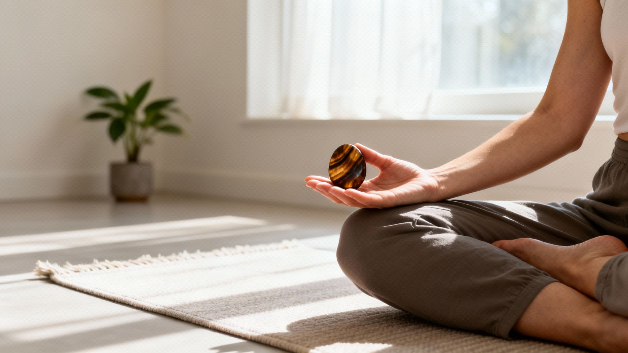 Une personne méditant tranquillement dans une pièce lumineuse, tenant une pierre ovale et striée dans sa main.