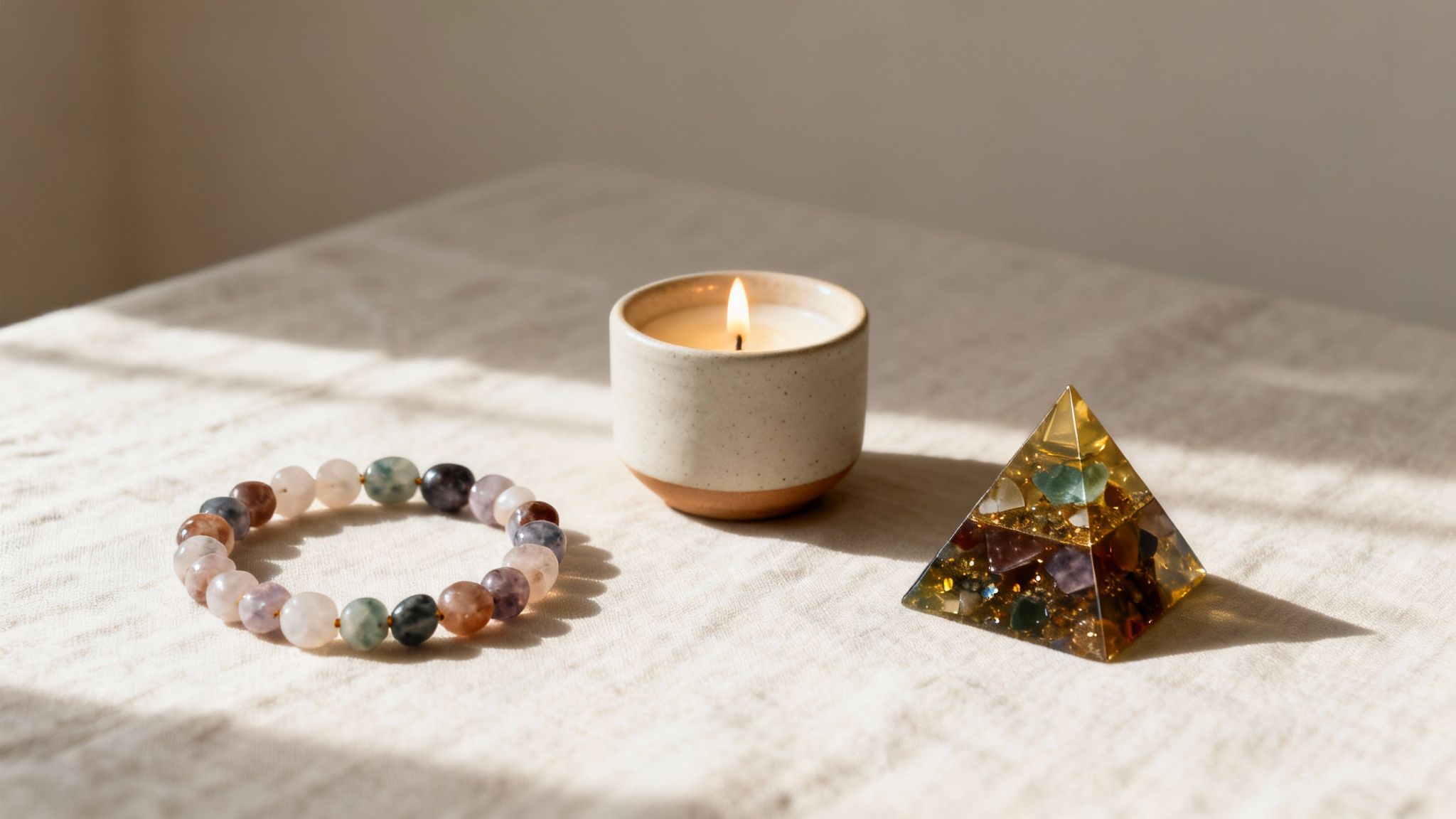 Bracelet de perles colorées, bougie allumée et pyramide de pierres sur tissu clair, lumière naturelle.