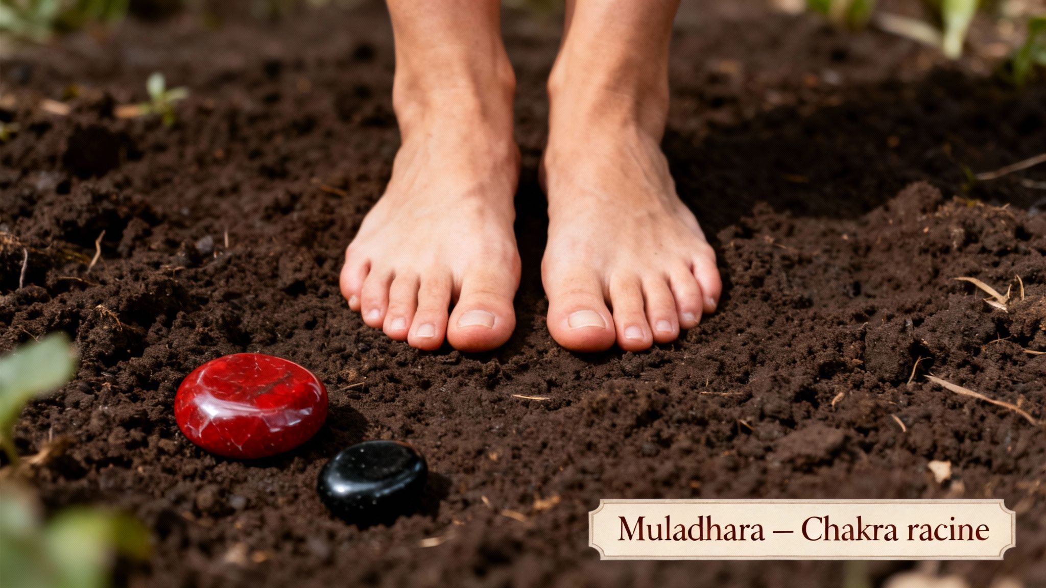 Pieds nus sur la terre, deux pierres de chakra (rouge et noire), avec le texte Muladhara - Chakra racine.