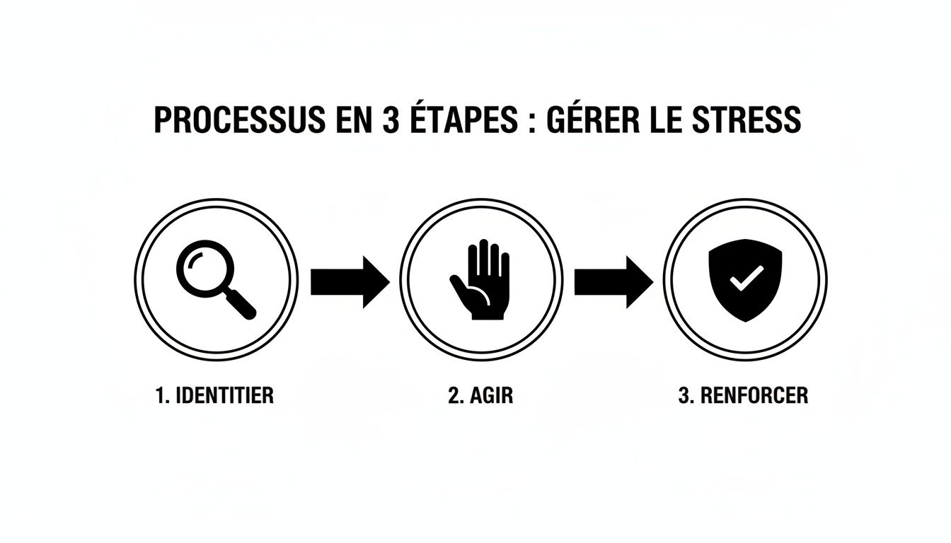 Un diagramme simple en 3 étapes pour gérer le stress : Identifier (loupe), Agir (main), Renforcer (bouclier).
