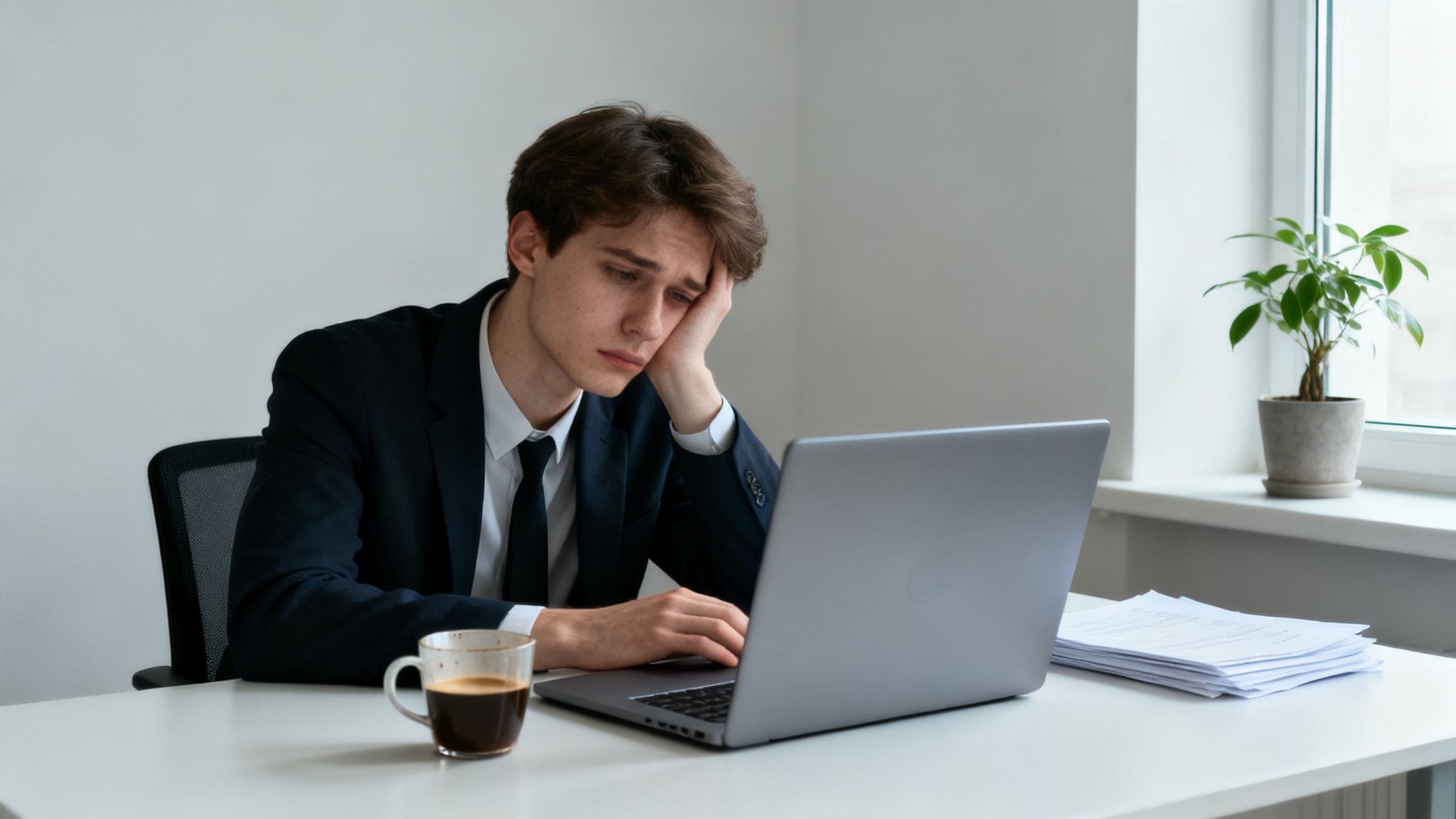 Jeune homme fatigué en costume, la tête dans la main, devant un ordinateur portable sur un bureau avec café et documents.