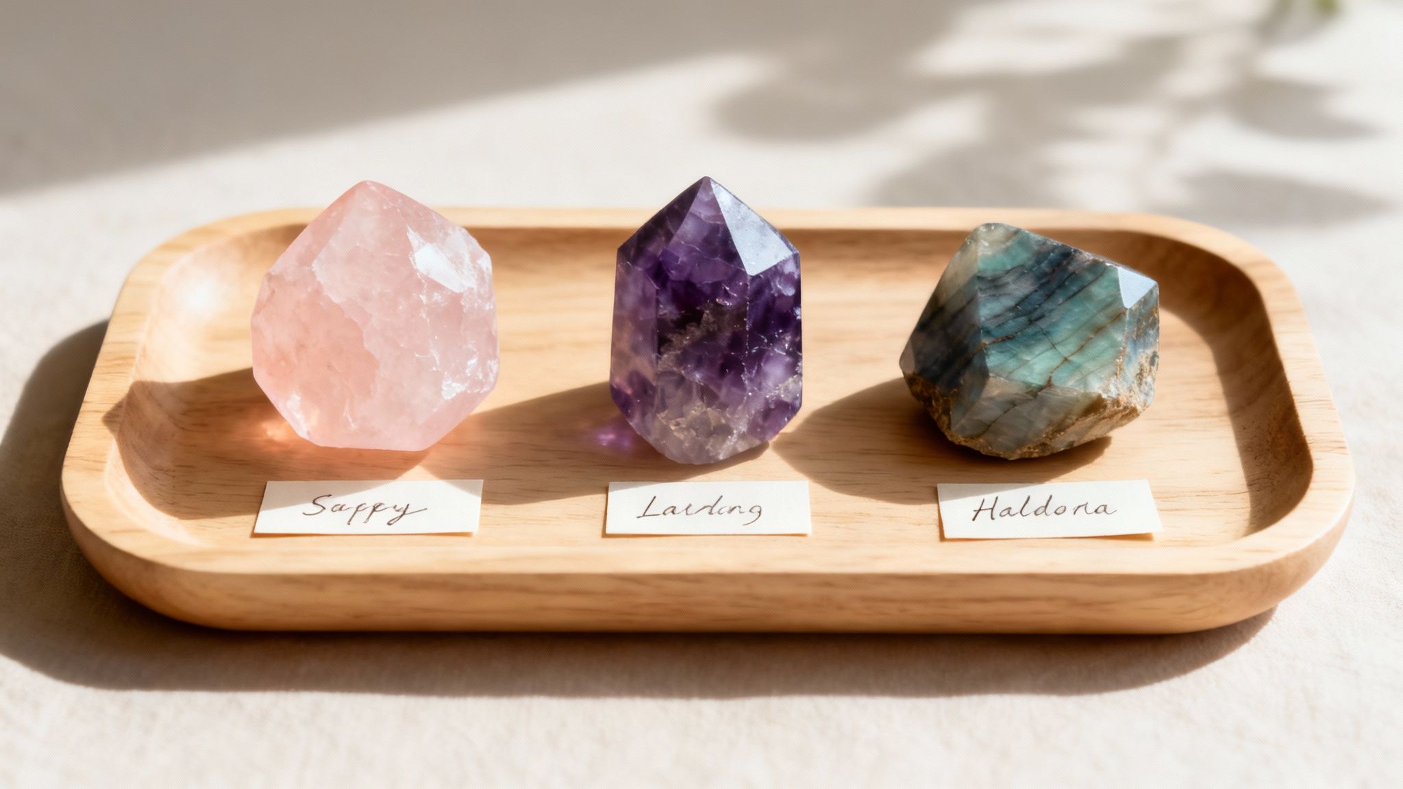 Un plateau en bois présente trois cristaux polis : quartz rose, améthyste et une pierre bleue-verte avec leurs noms.