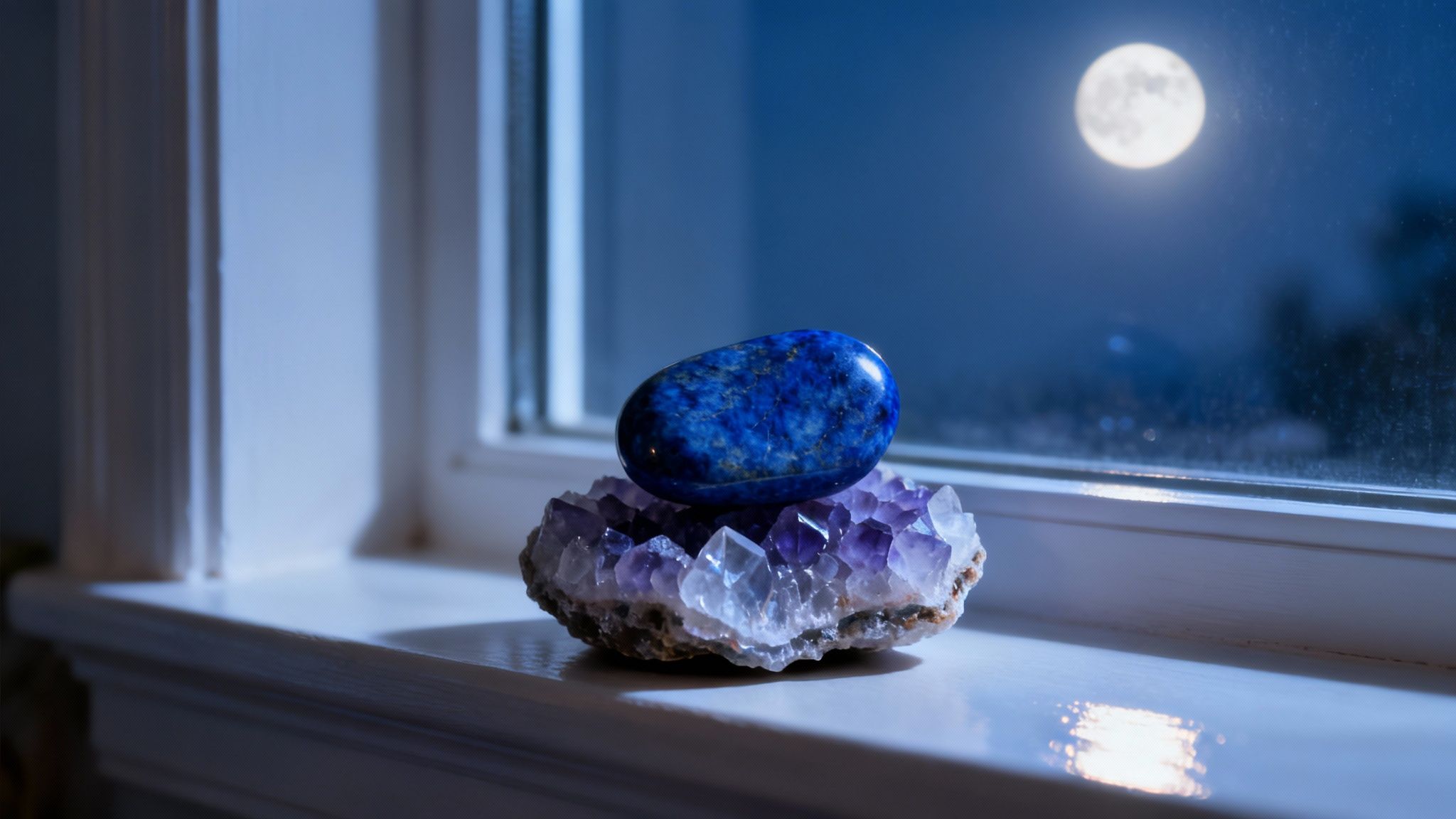 Une pierre de lapis-lazuli polie repose sur une géode d'améthyste sur un rebord de fenêtre, avec la pleine lune visible la nuit.
