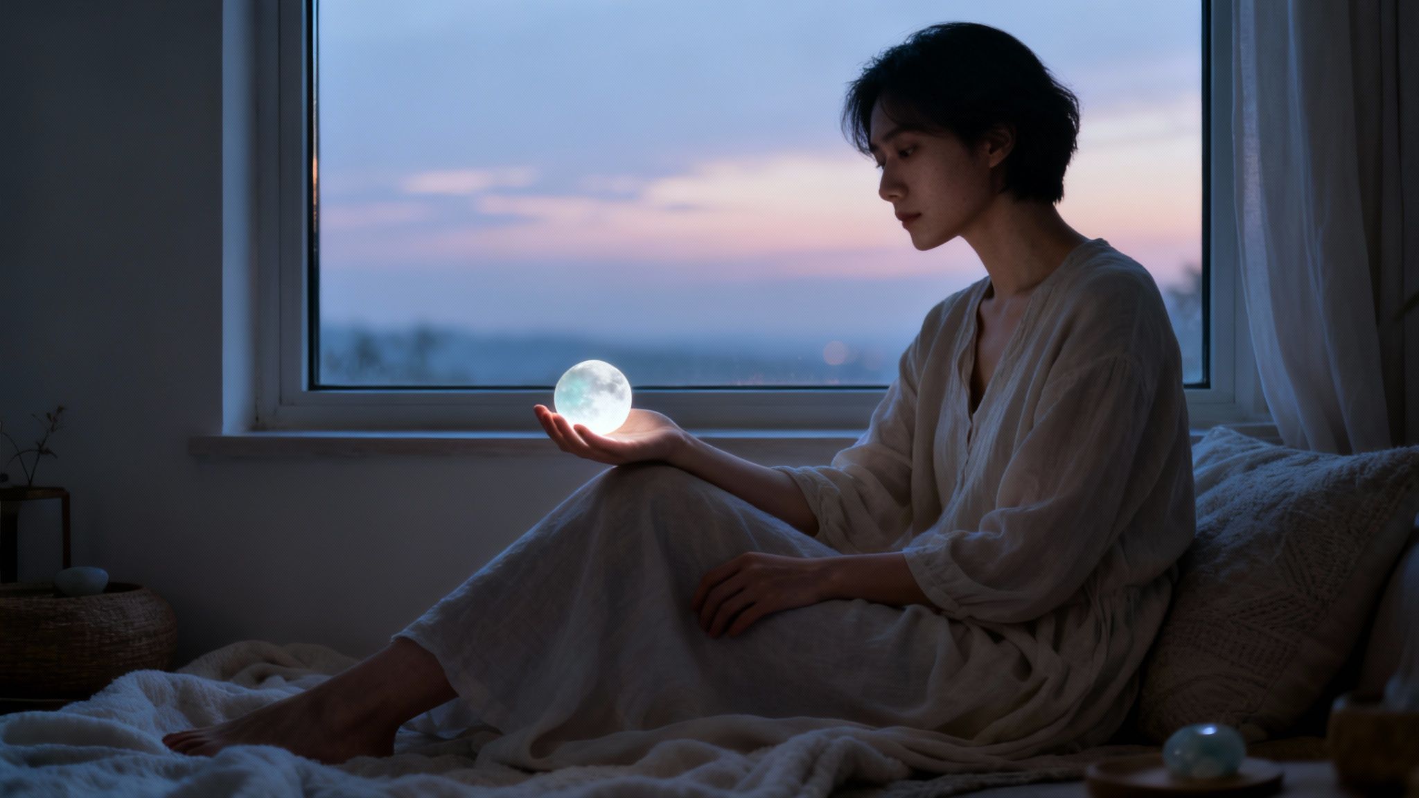 Femme assise devant une fenêtre, tenant une sphère lumineuse ressemblant à la lune au crépuscule.