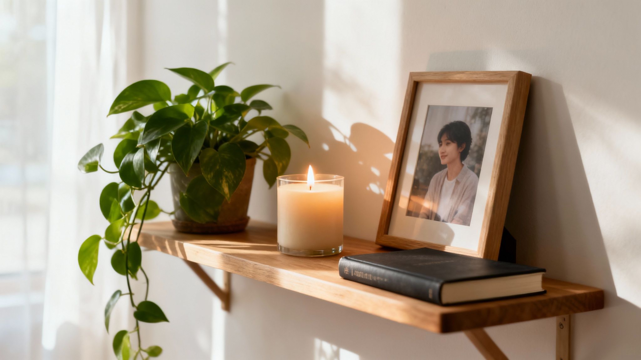 Une étagère en bois avec une plante verte, une bougie allumée, une photo encadrée et un livre.
