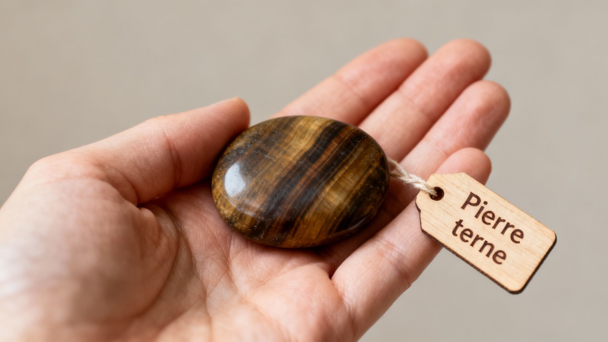 Gros plan d'une main tenant une pierre œil de tigre polie et lumineuse, avec une petite étiquette en bois indiquant « Pierre terne ».