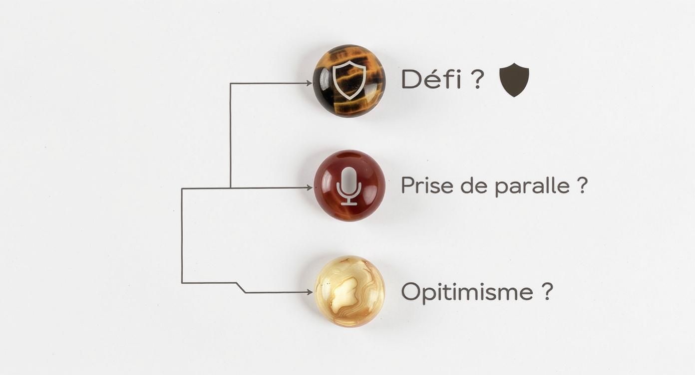 Trois perles de pierre naturelle aux motifs distincts, associées à des concepts comme le défi, la prise de parole et l'optimisme.