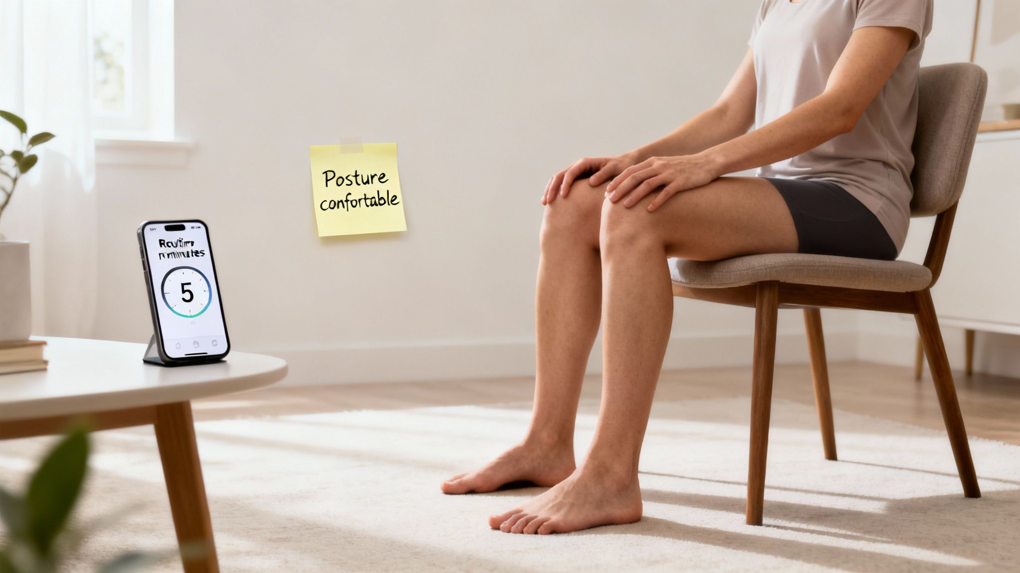 Une personne assise dans une posture confortable, méditant ou se relaxant, avec un minuteur affichant 5 minutes sur son téléphone.