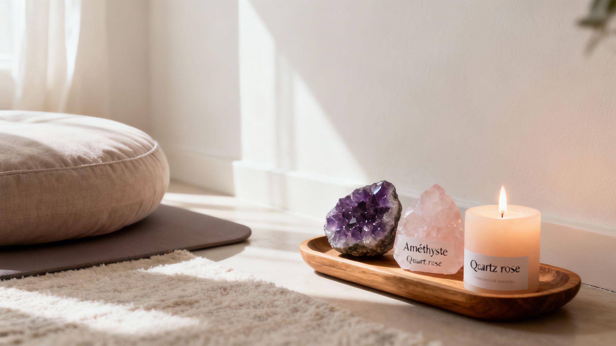 Un coussin de méditation, des cristaux d'améthyste et de quartz rose, et une bougie allumée sur un plateau en bois, créant une ambiance zen.