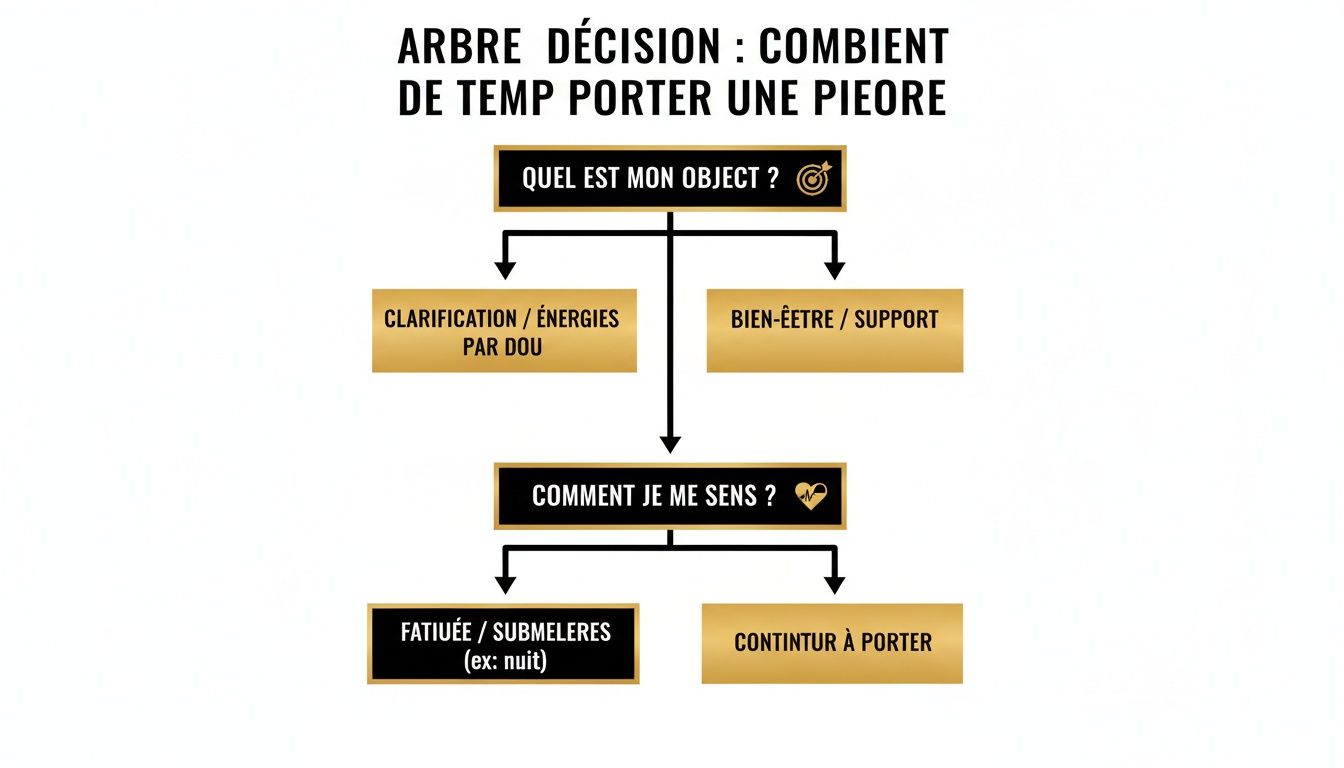 Arbre de décision détaillant combien de temps porter une pierre, basé sur l'objectif et le ressenti personnel.