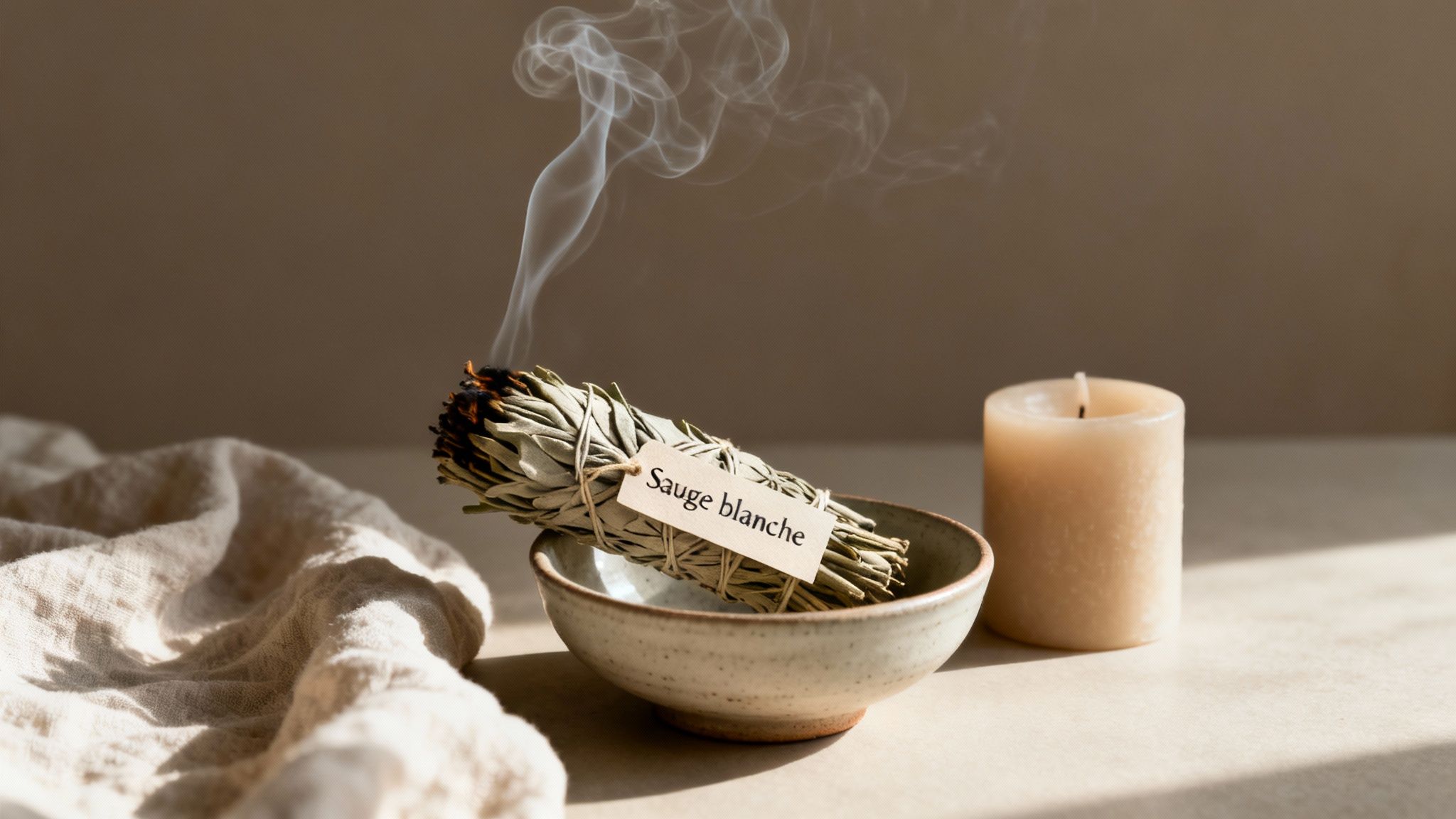 Un bâton de sauge blanche fumant dans un bol en céramique, avec une bougie et un tissu doux.