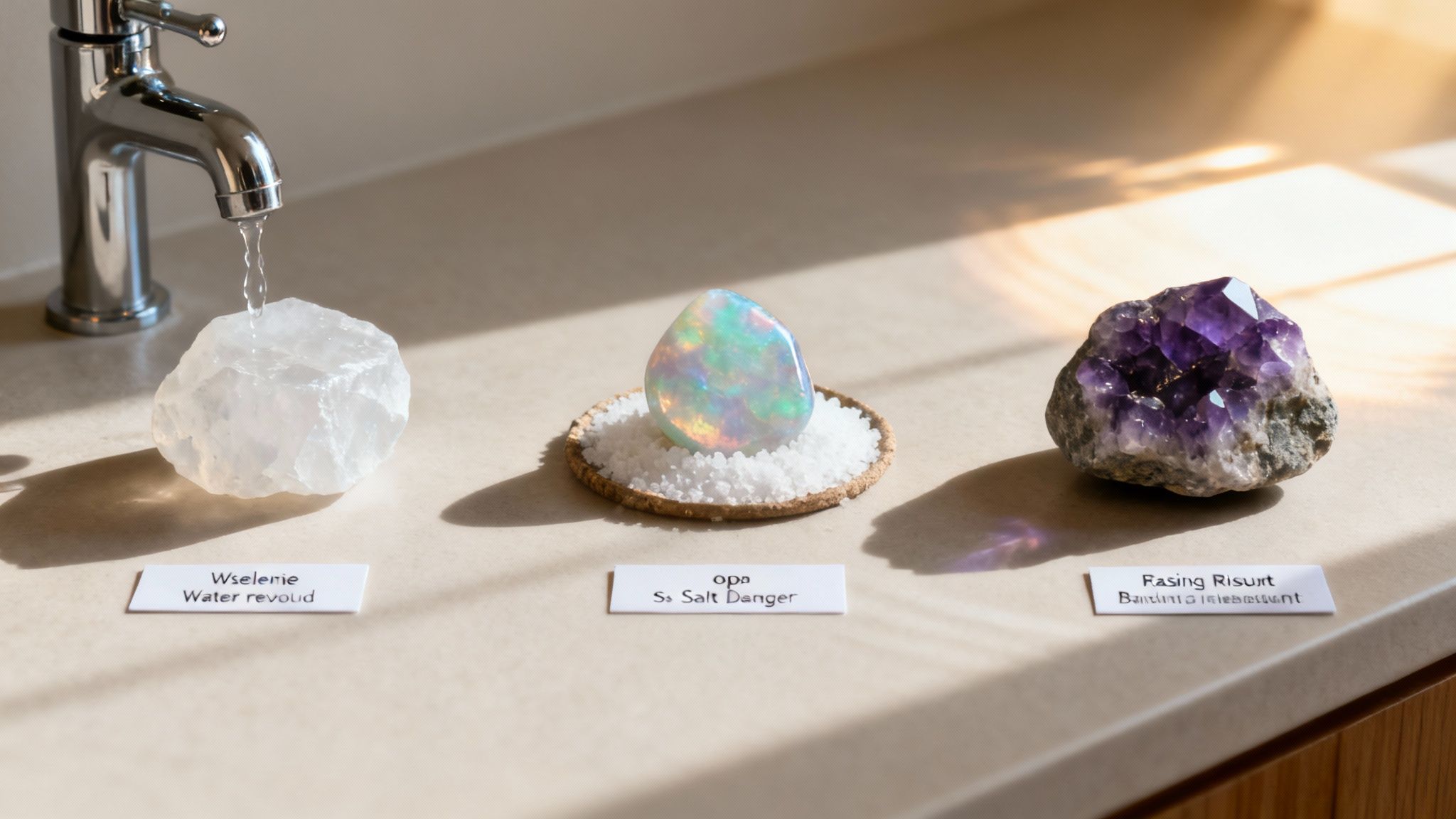 Une collection de pierres naturelles fragiles posées sur une table en bois