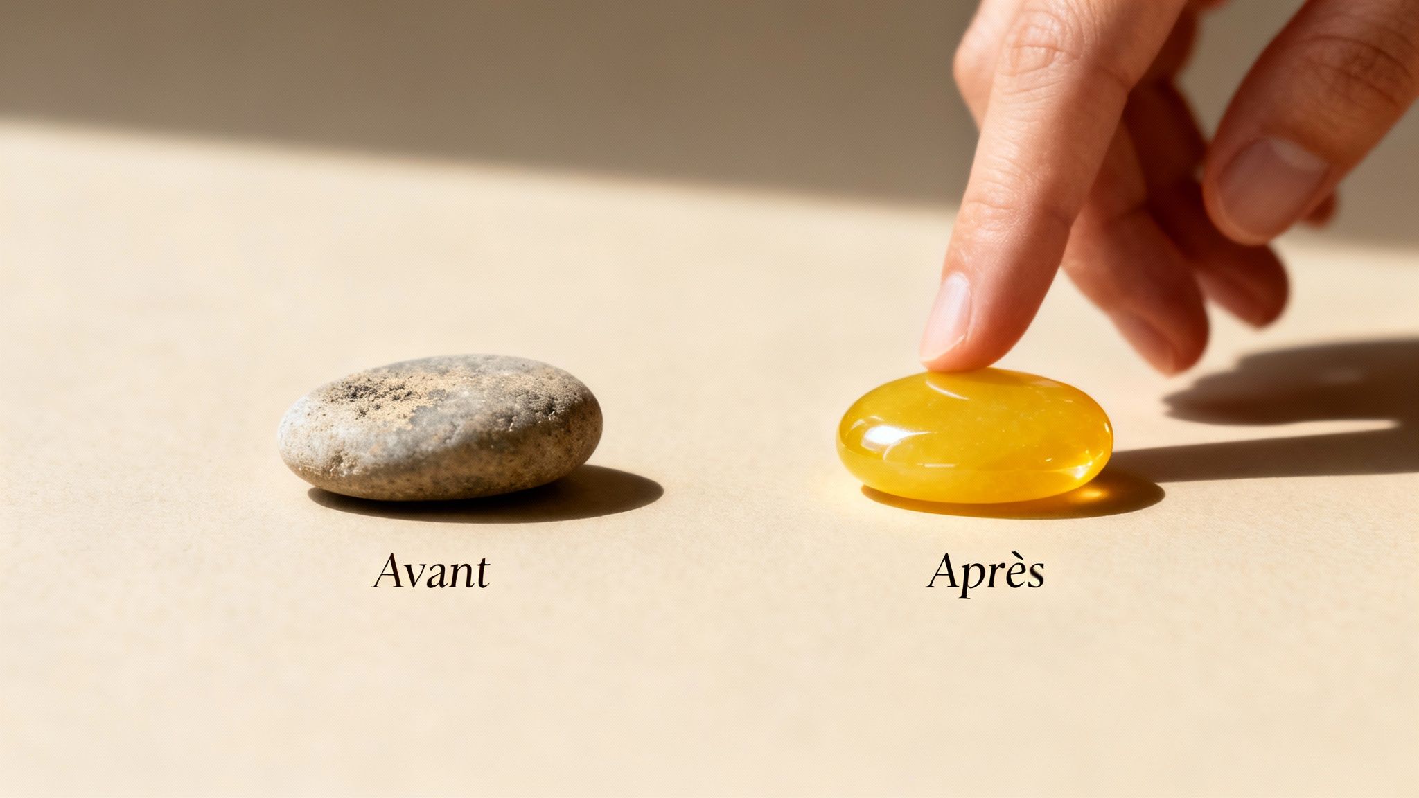 Comparaison avant/après d'une pierre : une pierre brute grise et une pierre polie jaune brillante touchée par un doigt.