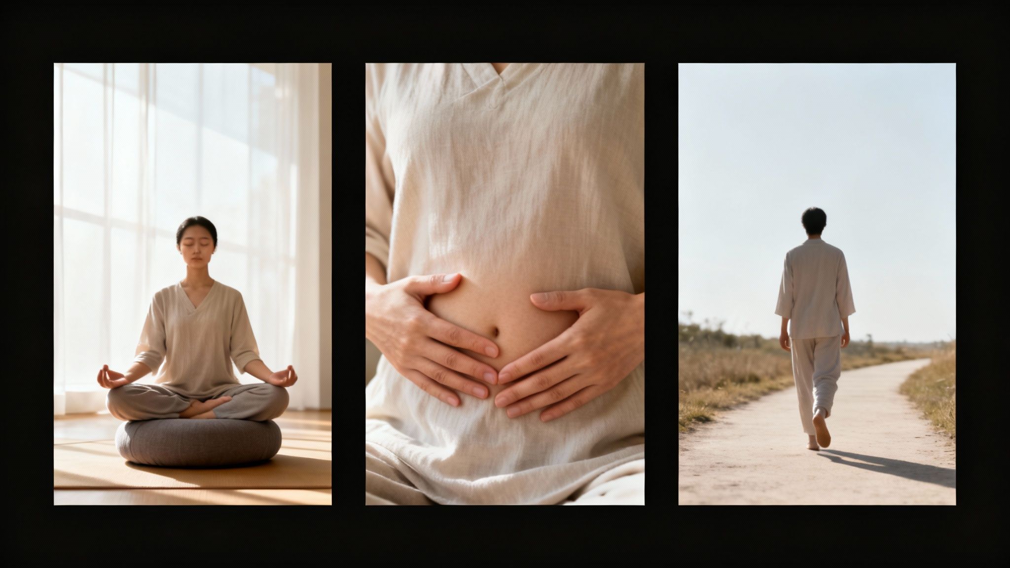 Personne assise en tailleur sur un tapis de yoga, pratiquant la pleine conscience dans un espace lumineux et aéré