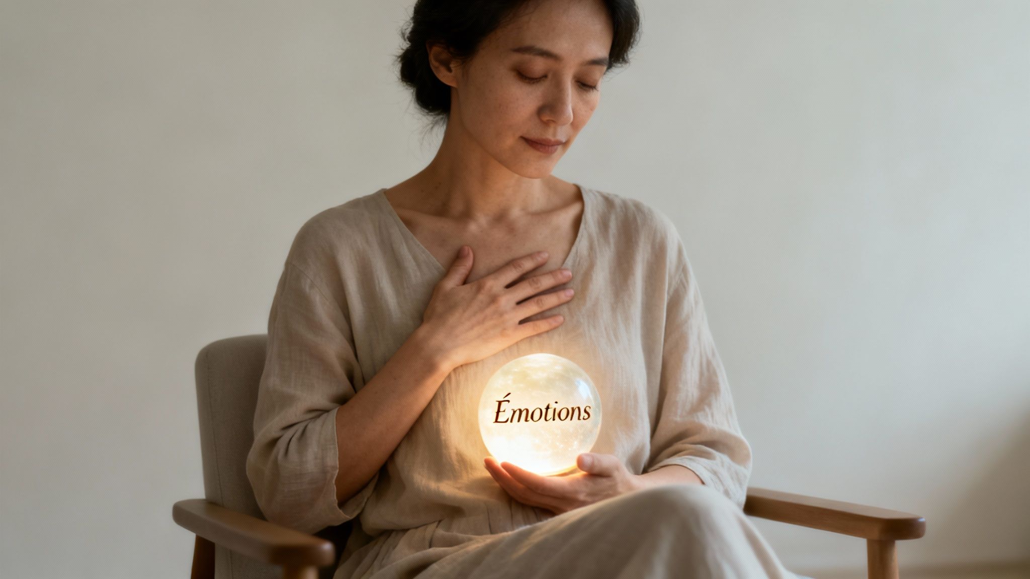 Femme méditant, tenant une sphère lumineuse avec le mot 'Émotions', symbolisant la gestion des sentiments.