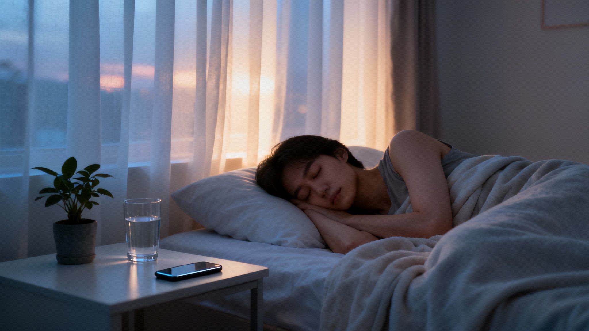 Jeune femme dormant paisiblement dans son lit au crépuscule pour renforcer son immunité naturellement