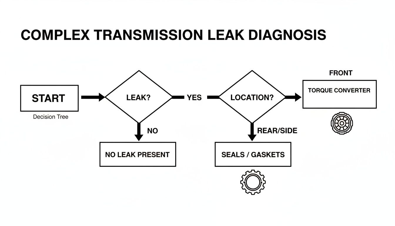 A flowchart illustrates a complex transmission leak diagnosis process, guiding users from start to potential causes.