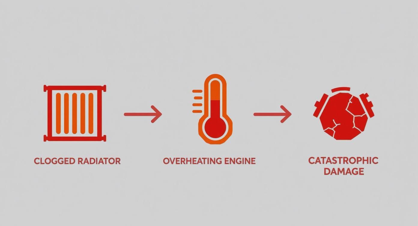 Infographic showing a clogged radiator leading to an overheating engine and ultimately catastrophic damage.