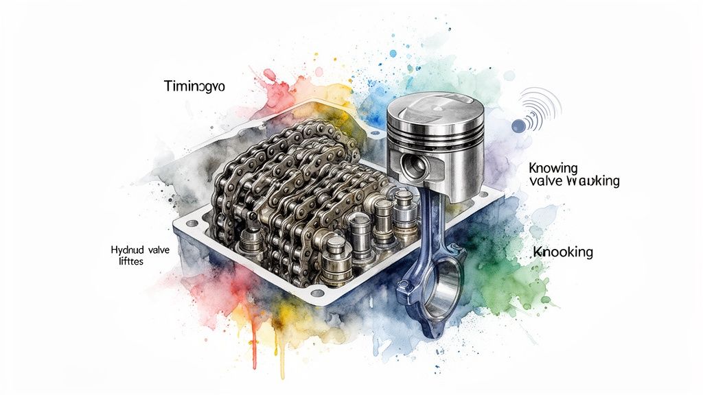 Watercolor illustration of engine timing chain, piston, connecting rod, and lifters, with text about engine noises.