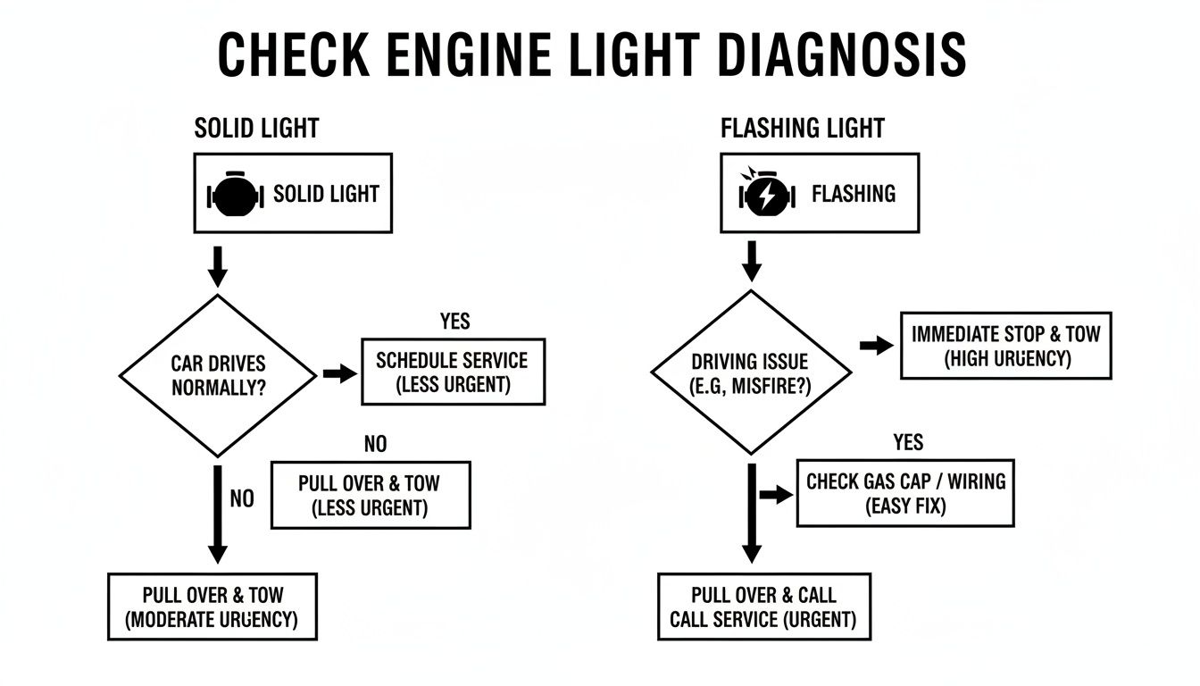 Flowchart for check engine light diagnosis. It guides actions for solid versus flashing lights based on car behavior.