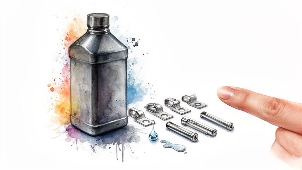 A hand points to metal components and liquid next to a bottle, with colorful watercolor splashes.