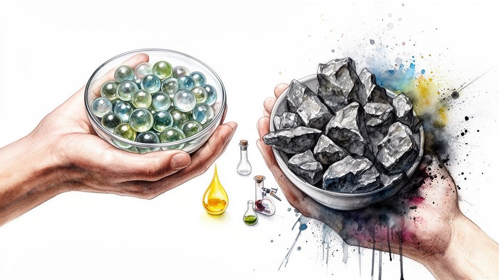Hands holding bowls of colorful marbles and rough rocks, symbolizing synthetic vs. conventional oils.