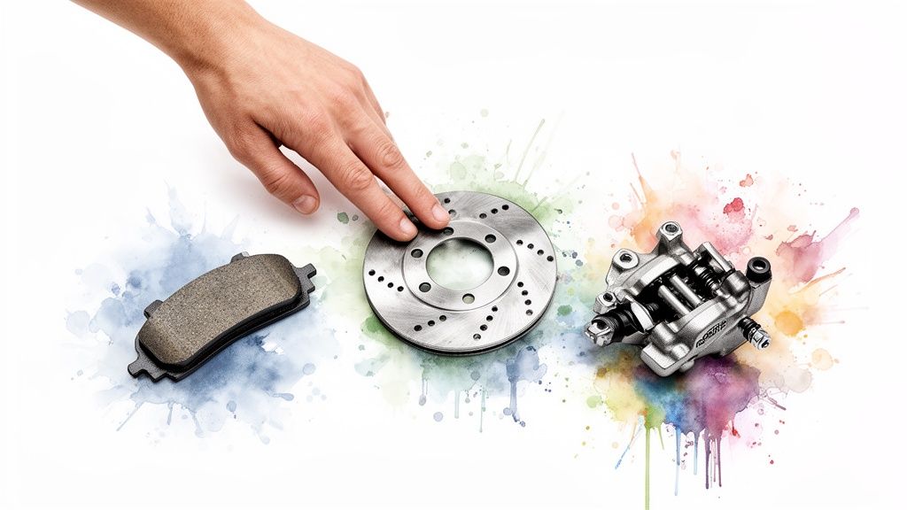 Hand points to car brake disc, with brake pad and caliper on colorful background.