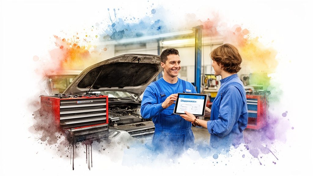 Two smiling mechanics in blue overalls examine a tablet with diagnostic information in a car garage.