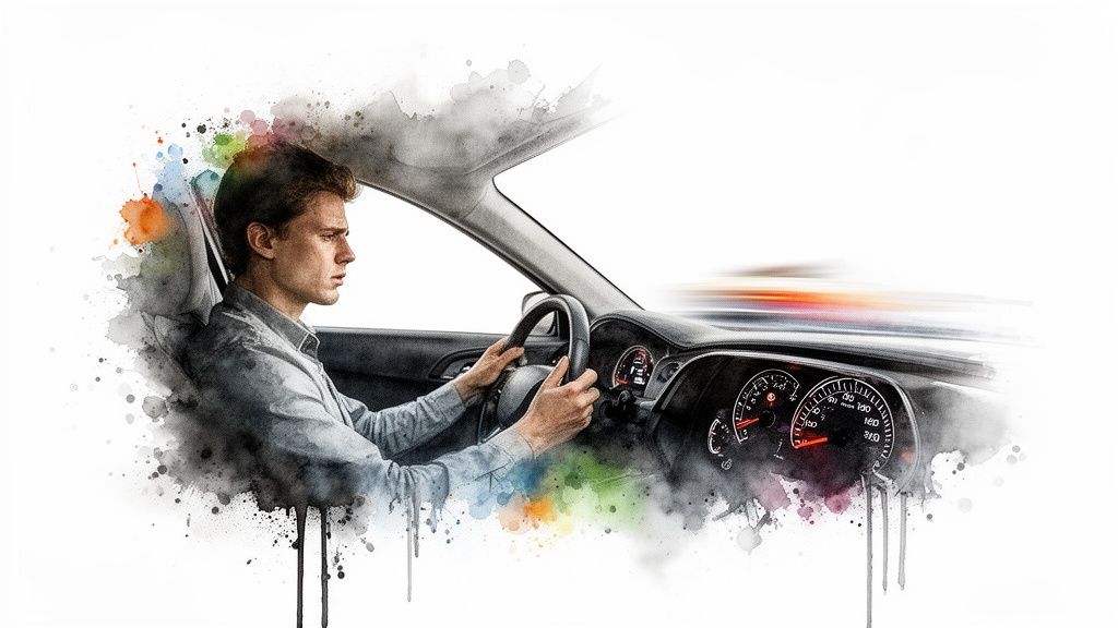 Watercolor illustration of a man driving a car, surrounded by colorful ink splashes.