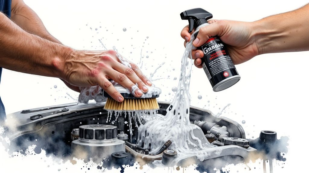 Hands actively cleaning a car engine with a brush and spray cleaner, producing abundant foam and splashes.