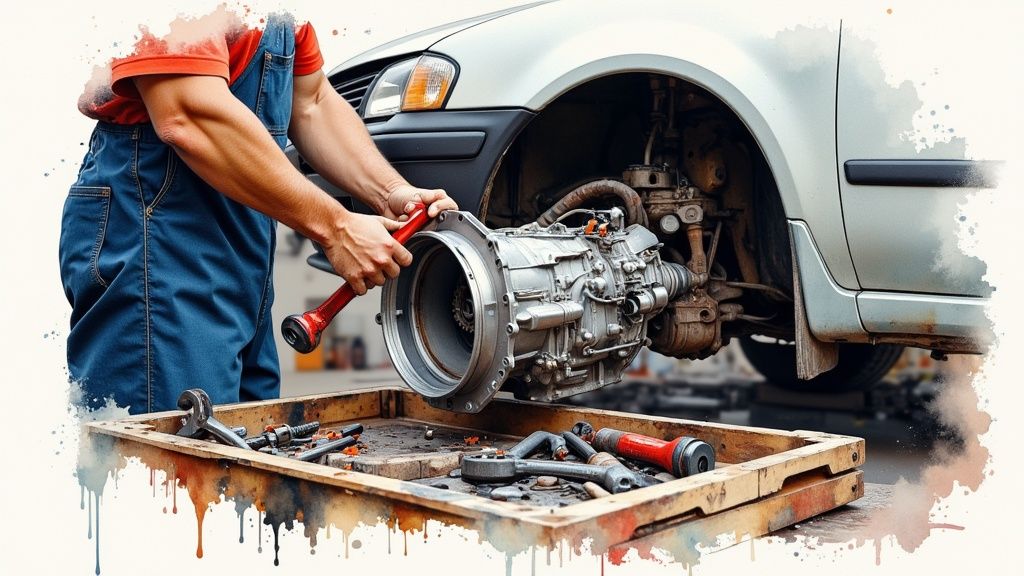 Mechanic working on a car transmission