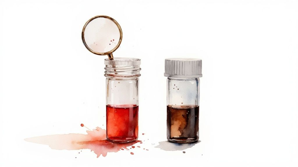 A watercolor illustration showing two glass vials with fluid samples: one red and one dark brown, with a magnifying glass.