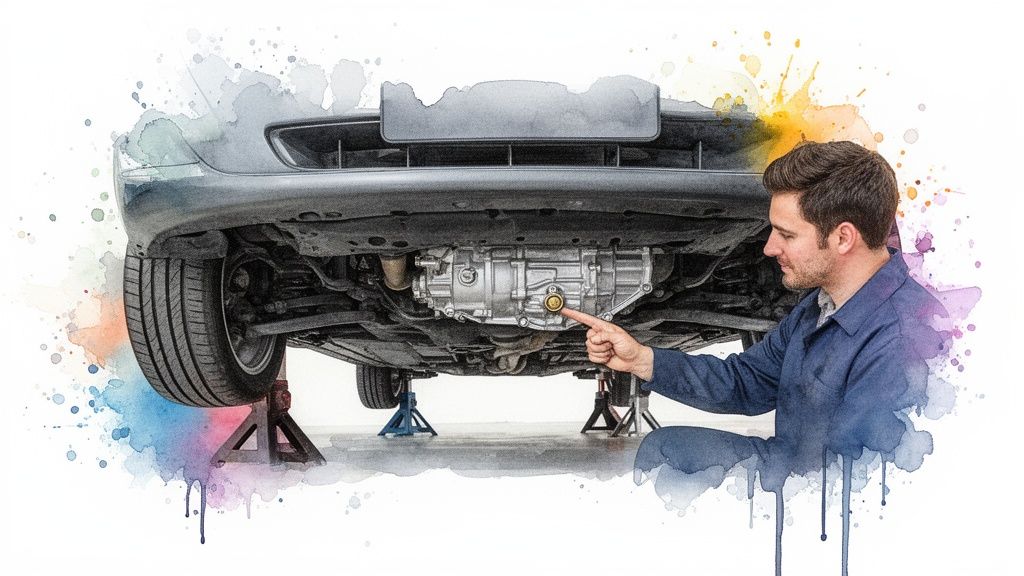 A mechanic in a blue uniform points to a transmission drain plug under a car on jack stands.