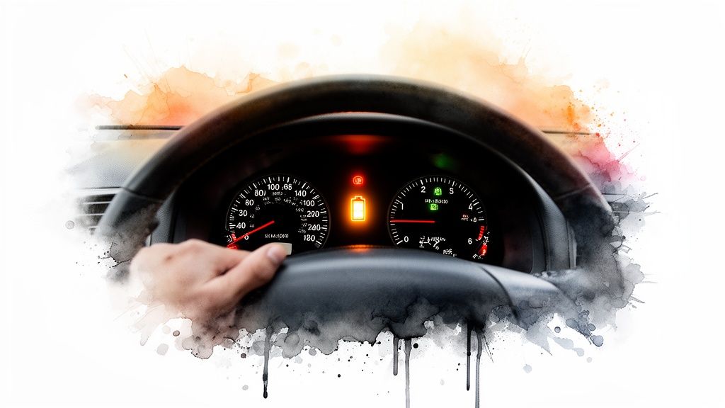 Driver's perspective of a car dashboard with a bright yellow battery warning light illuminated.