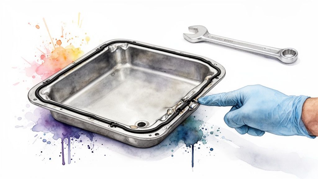 A gloved hand points to a transmission oil pan gasket, with a wrench nearby, symbolizing automotive repair.