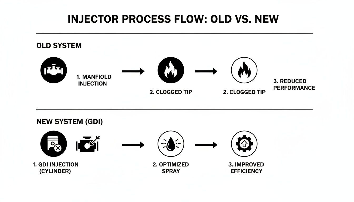 Diagram illustrating old manifold fuel injection leading to clogged tips and reduced performance versus new GDI for improved efficiency.