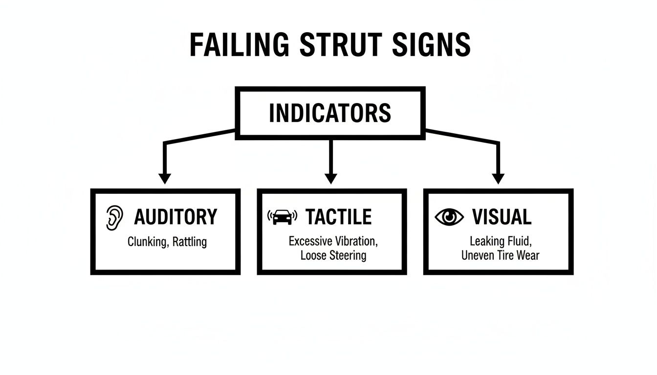 Flowchart outlining auditory, tactile, and visual indicators of failing car struts.