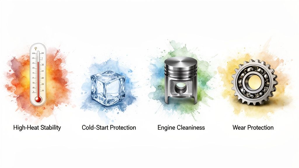 Illustrates four key engine oil benefits: high-heat stability, cold-start protection, engine cleanliness, and wear protection.