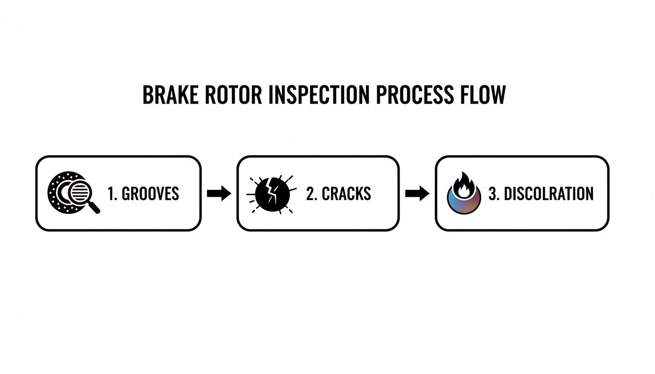 Flowchart illustrating the brake rotor inspection process, including checks for grooves, cracks, and discoloration.