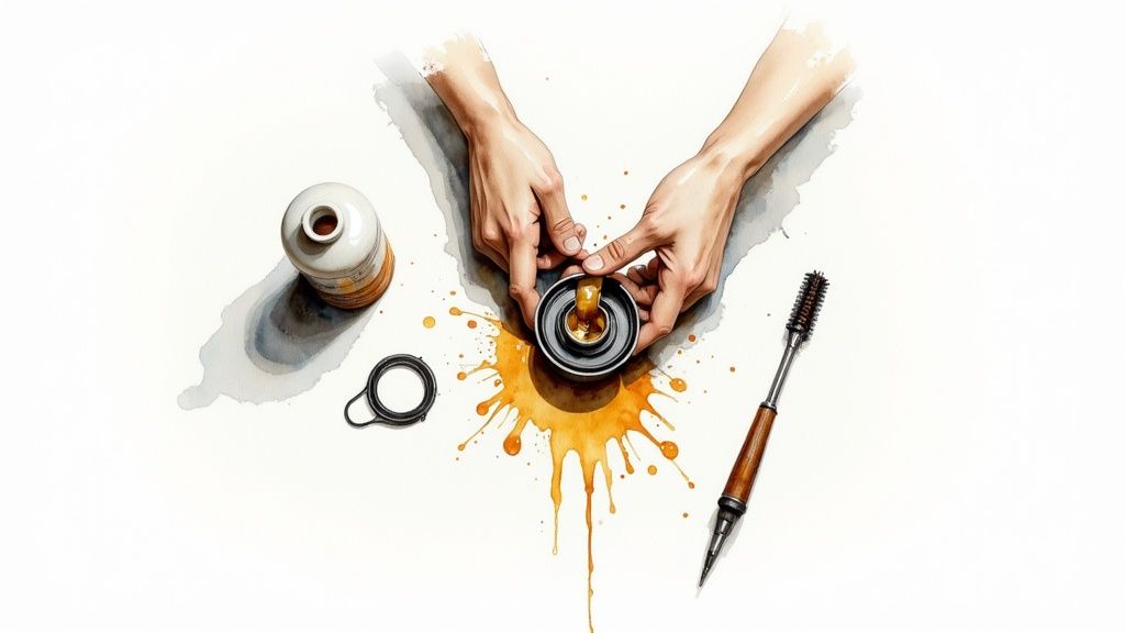 Watercolor painting of hands working on an oil filter, with spilled oil and tools on a white surface.