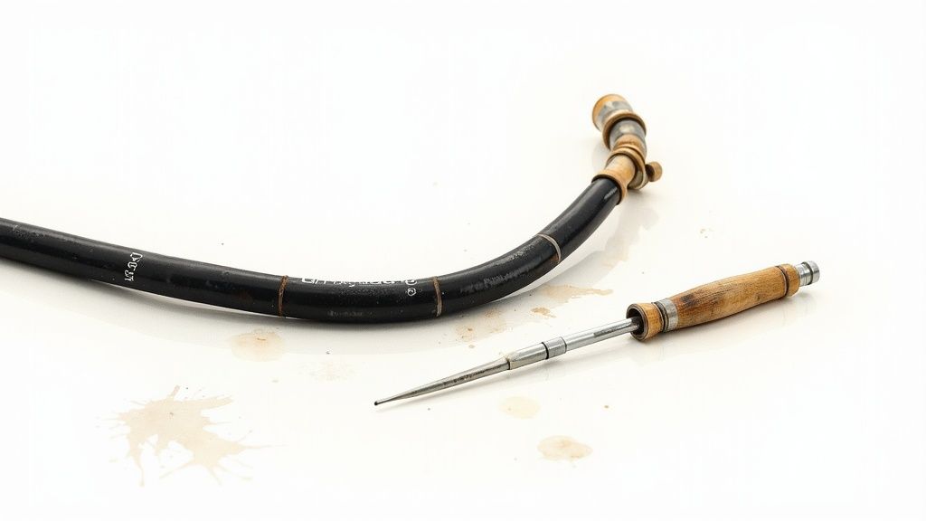 A black hose with brass fittings and a sharp metal tool with a wooden handle on a white surface with liquid splashes.