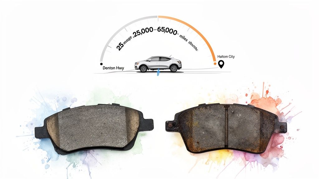 Infographic showing a car, a mileage gauge from 25,000 to 65,000, and new versus worn brake pads.