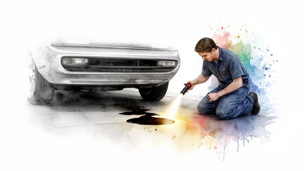 A man in a blue jumpsuit inspecting an oil leak under a car with a flashlight, surrounded by watercolor splashes.