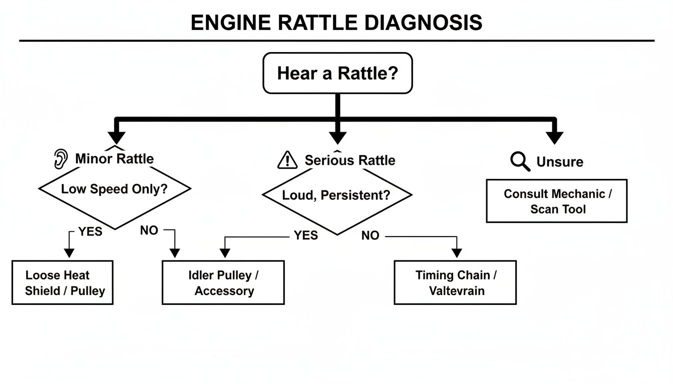 Flowchart for engine rattle diagnosis, guiding users through minor, serious, or unsure scenarios.