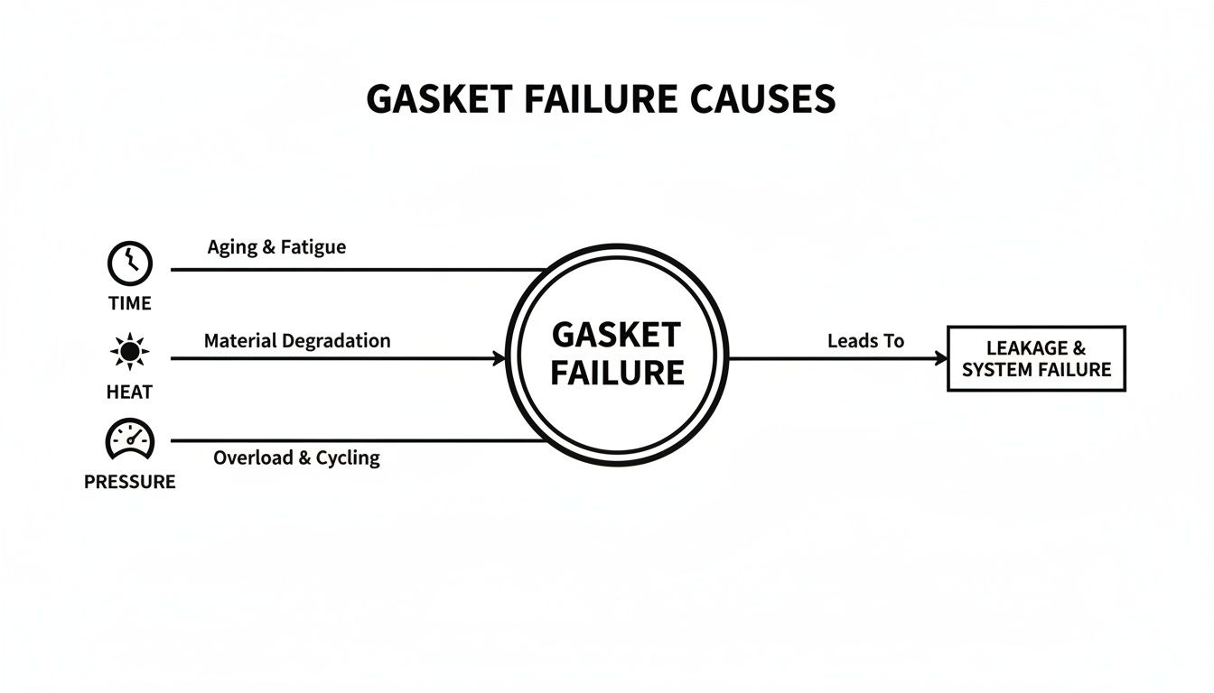 Flowchart illustrating gasket failure causes: time, heat, and pressure lead to gasket failure, then leakage.