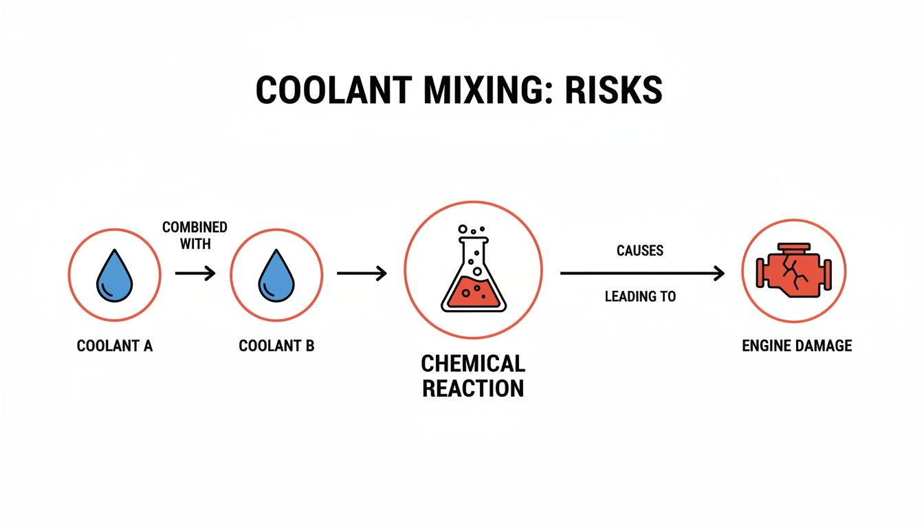 Diagram illustrating the risks of mixing coolants, leading to a chemical reaction and severe engine damage.