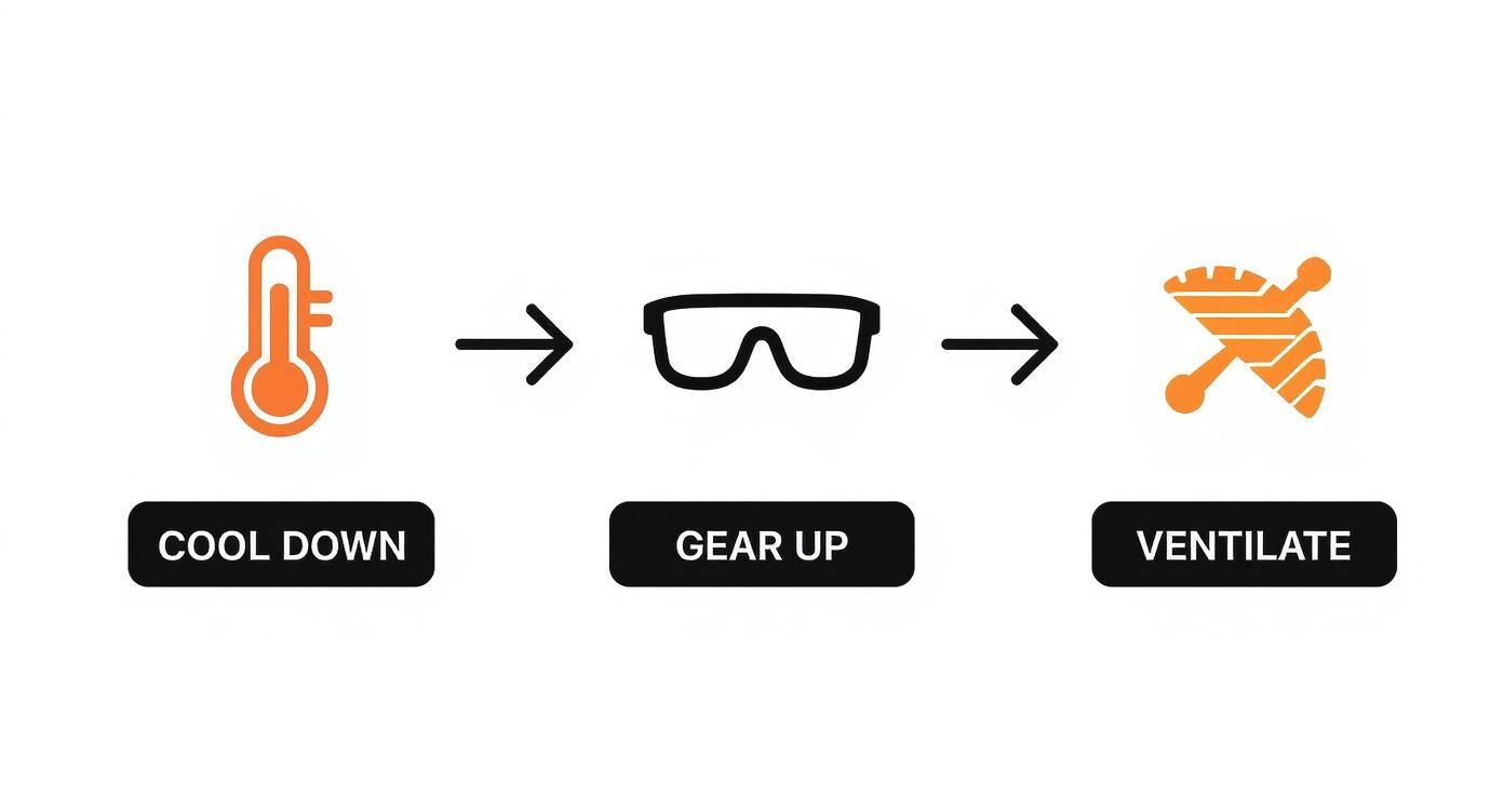 Three-step process diagram showing icons for cool down, gear up, and ventilate in sequence.